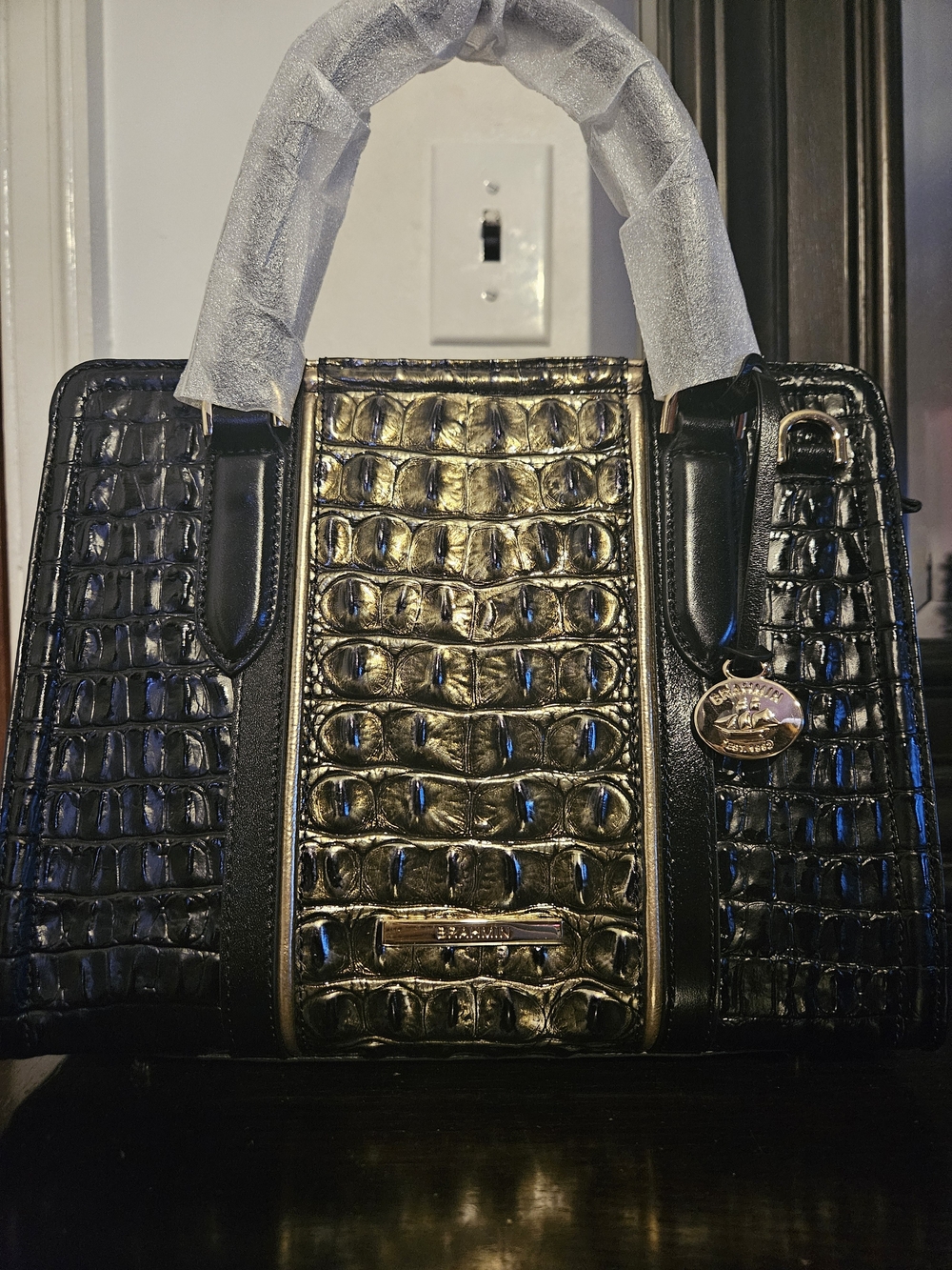 (Brahmin Onyx collection) Black Croc-Embossed Satchel Handbag with Gold Accents